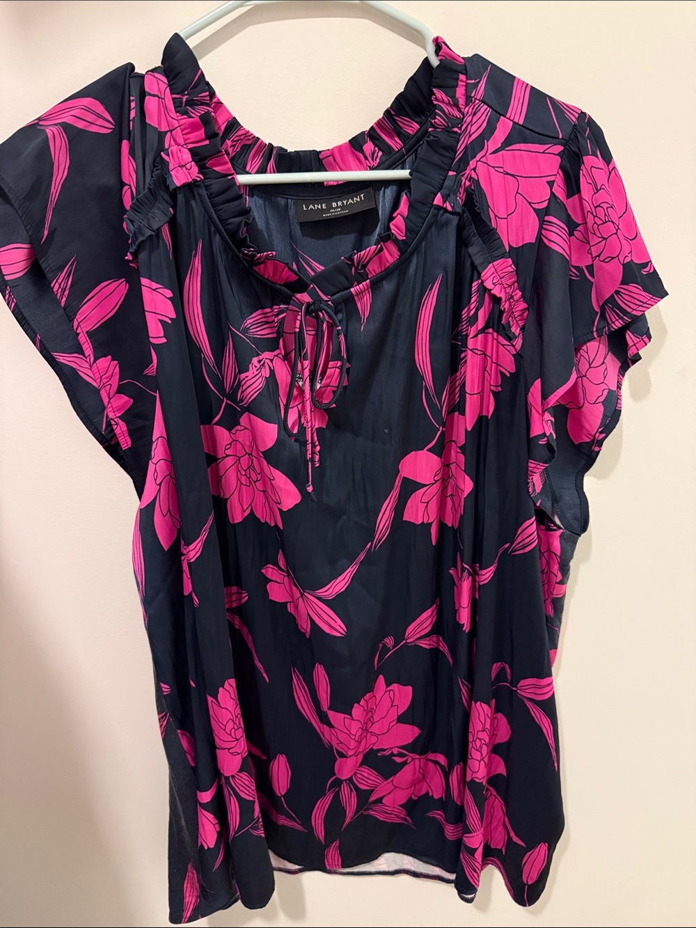 Lane Bryant Navy Blouse with Pink Floral Ruffle Neck